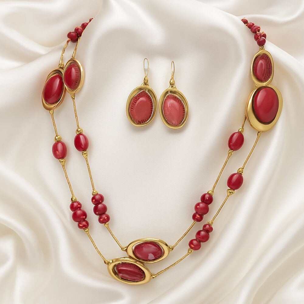 Elegant Red Gemstone Necklace & Earrings Set – Gold-Tone Double-Strand Jewelry